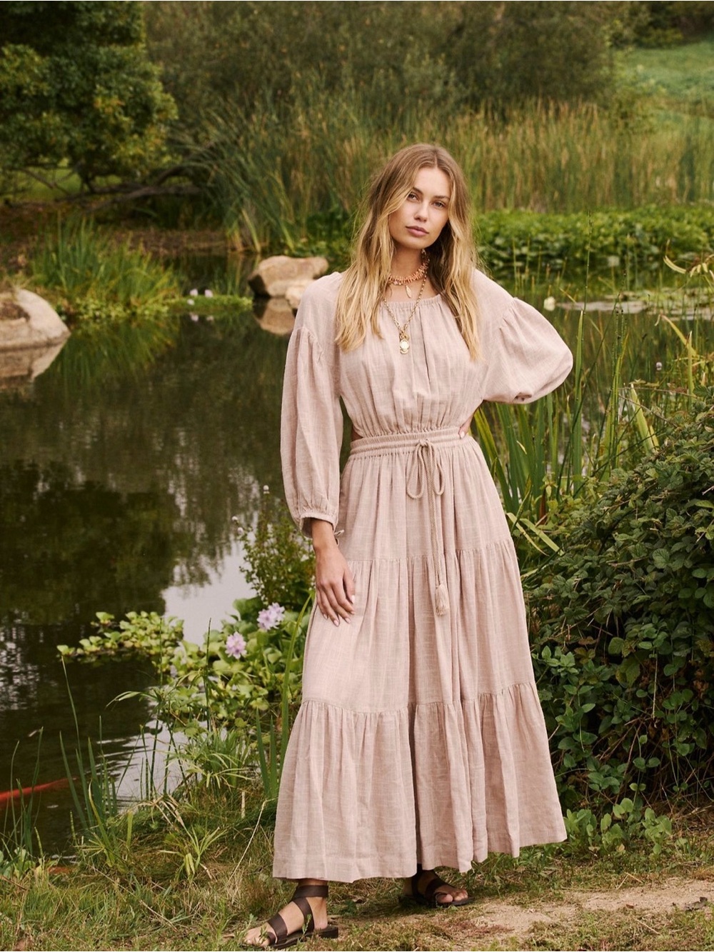 Free People Backless Tiered Maxi Dress in Taupe